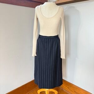 Vintage Mondi Navy Pinstripe Midi Skirt‎ Women's 10 Business Casual Office Skirt